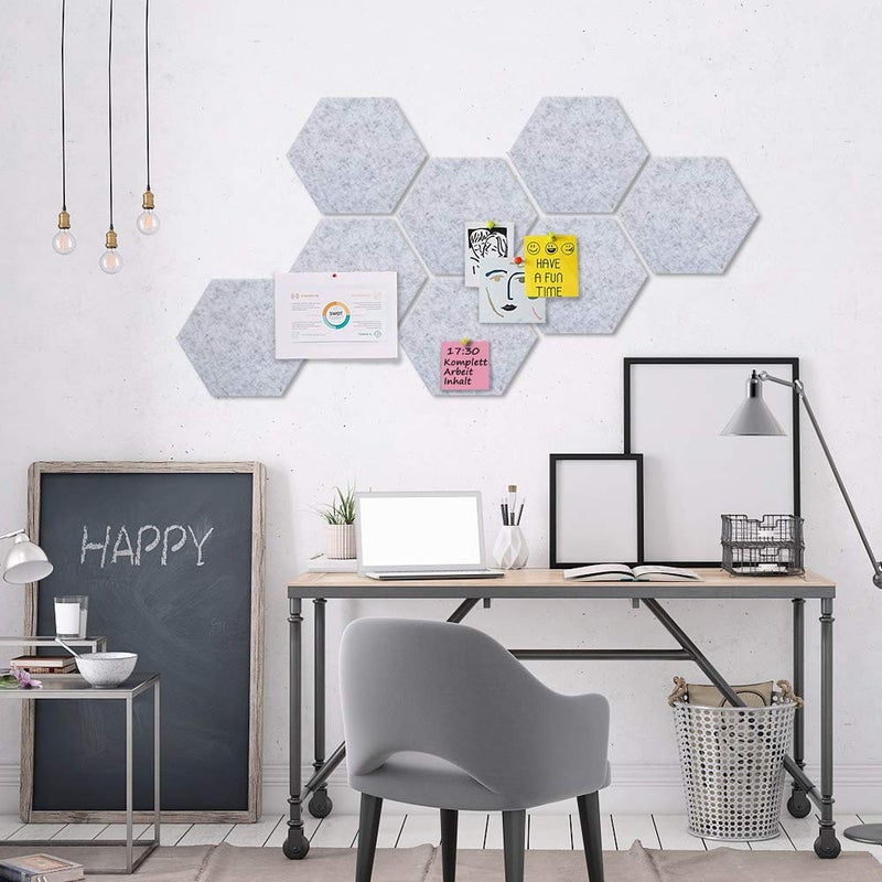 Uoisaiko Felt Hexagon Bulletin Board with 20 Push Pins, Pack of 8 Notice Boards for Home Office Kitchen, Push Pin Board Felt Wall Tiles for Photos Memos - Image 2